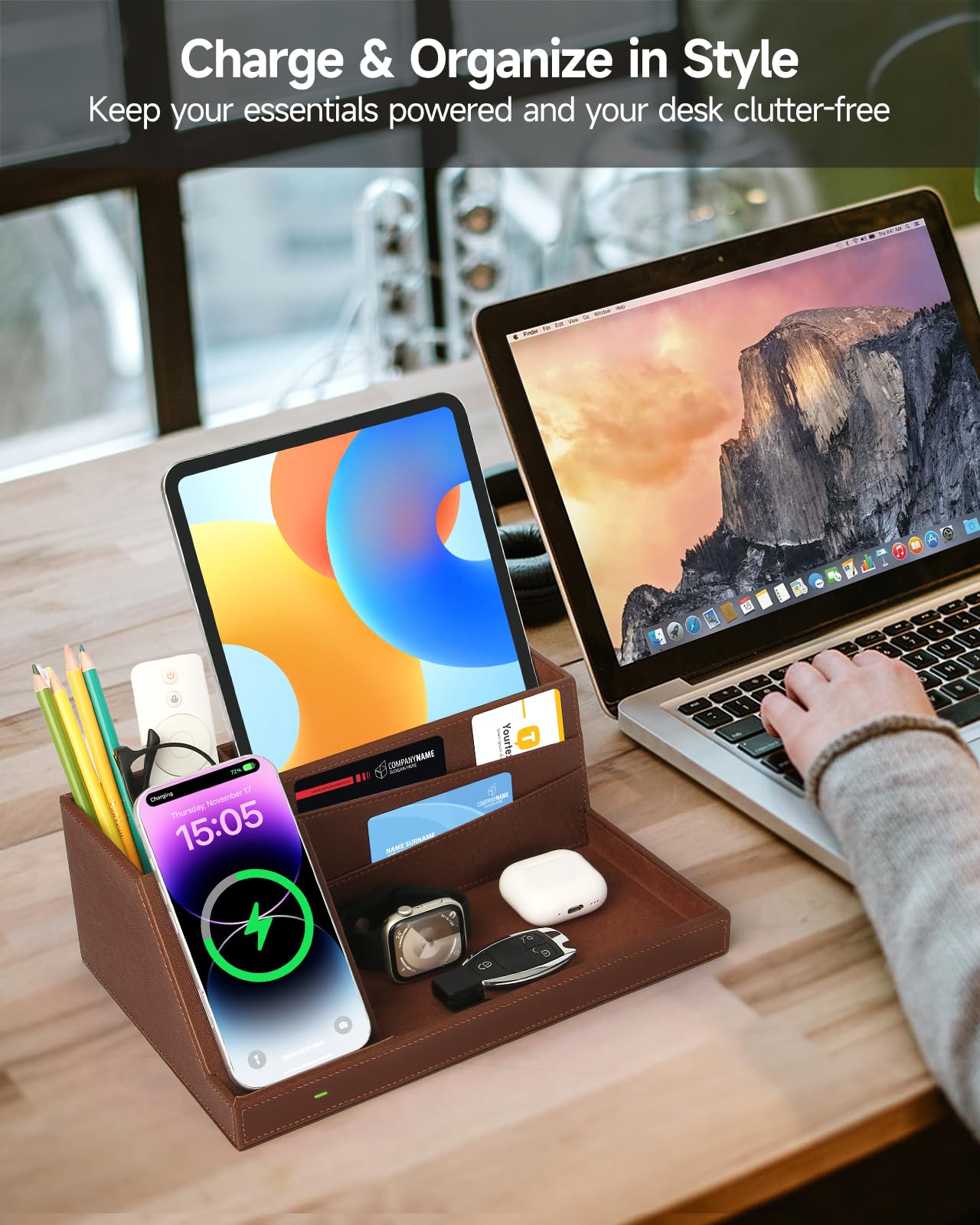 Fast Wireless Charging Station with Desk Organizer for iPhone 17/16/15/15 Pro/14/14 Pro Max/14 Pro/14 Plus/13/13 Pro Max/13 Pro/and iPhone 12/11 Series, Nightstand Desktop Organizer, Brown