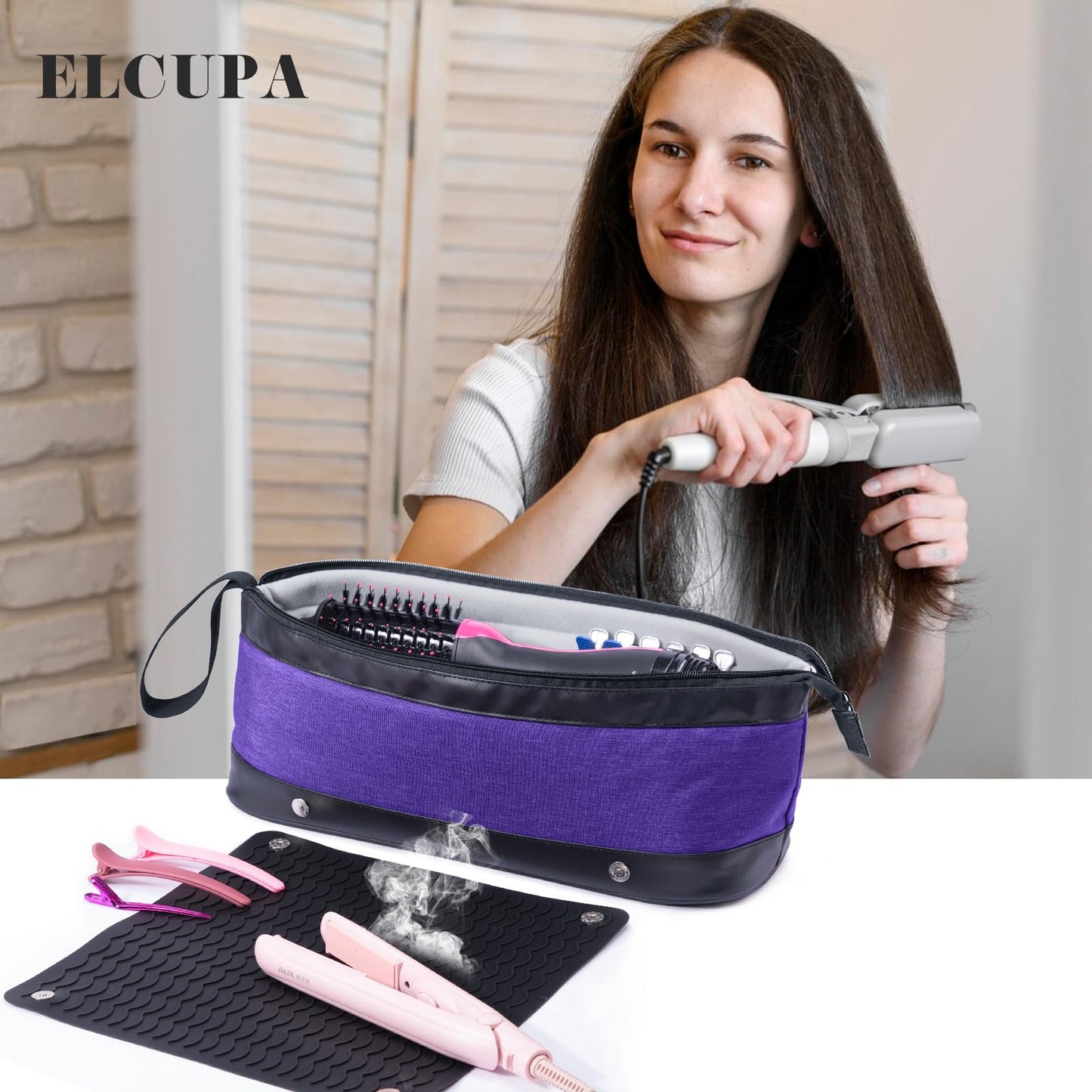 Large Hair Tools Travel Bag with Iron Mat - 2in1 Hair Tools Organizer for Hair Dryer Brush, Flat Irons, Straighteners, Curling Irons, Hair Bag, Makeup Bag, Cosmetic Bag for Travel Essentials