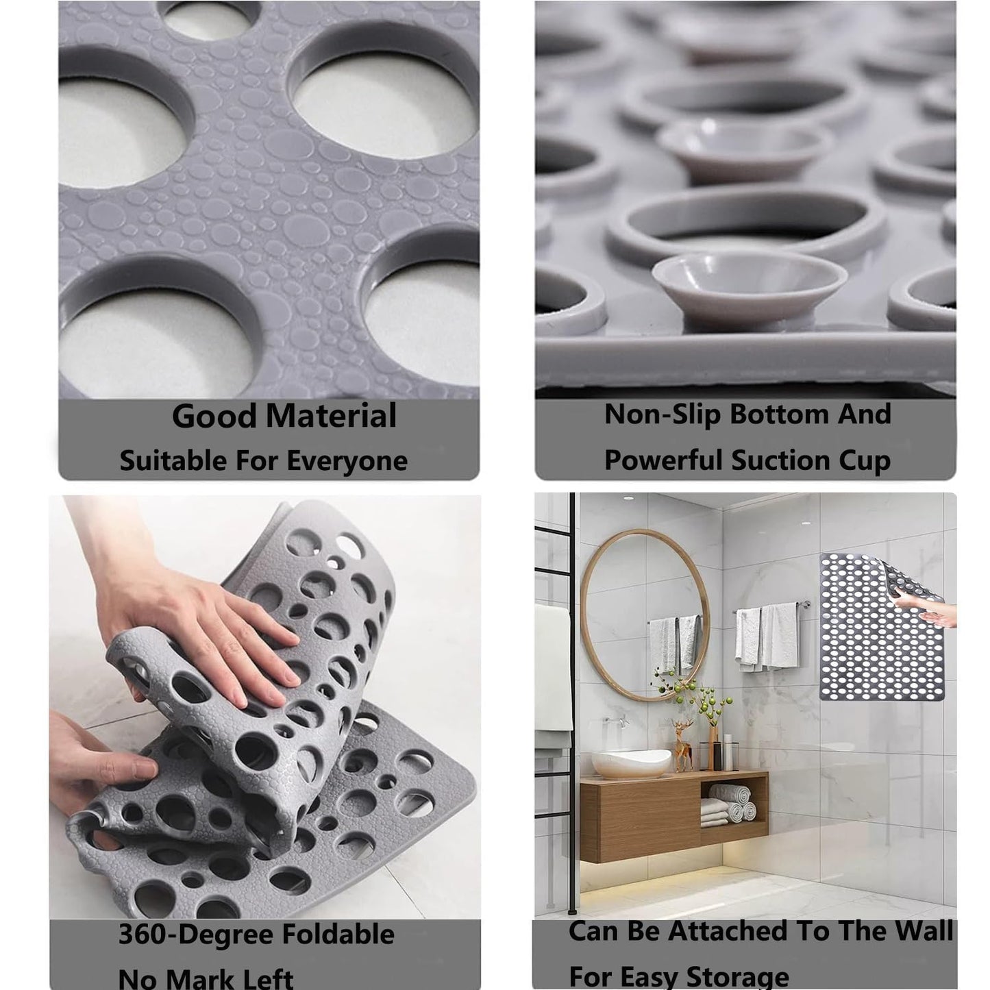 Casa and Beyond Shower Mat,Non Slip Bath Mat and Shower Mat with Suction Cups and Drain Holes,Bathroom Mat Easy to Clean Soft Machine Washable,Bathtub Mat Easy Dry&Cut (Gray,28" x 15"(Rectangular))