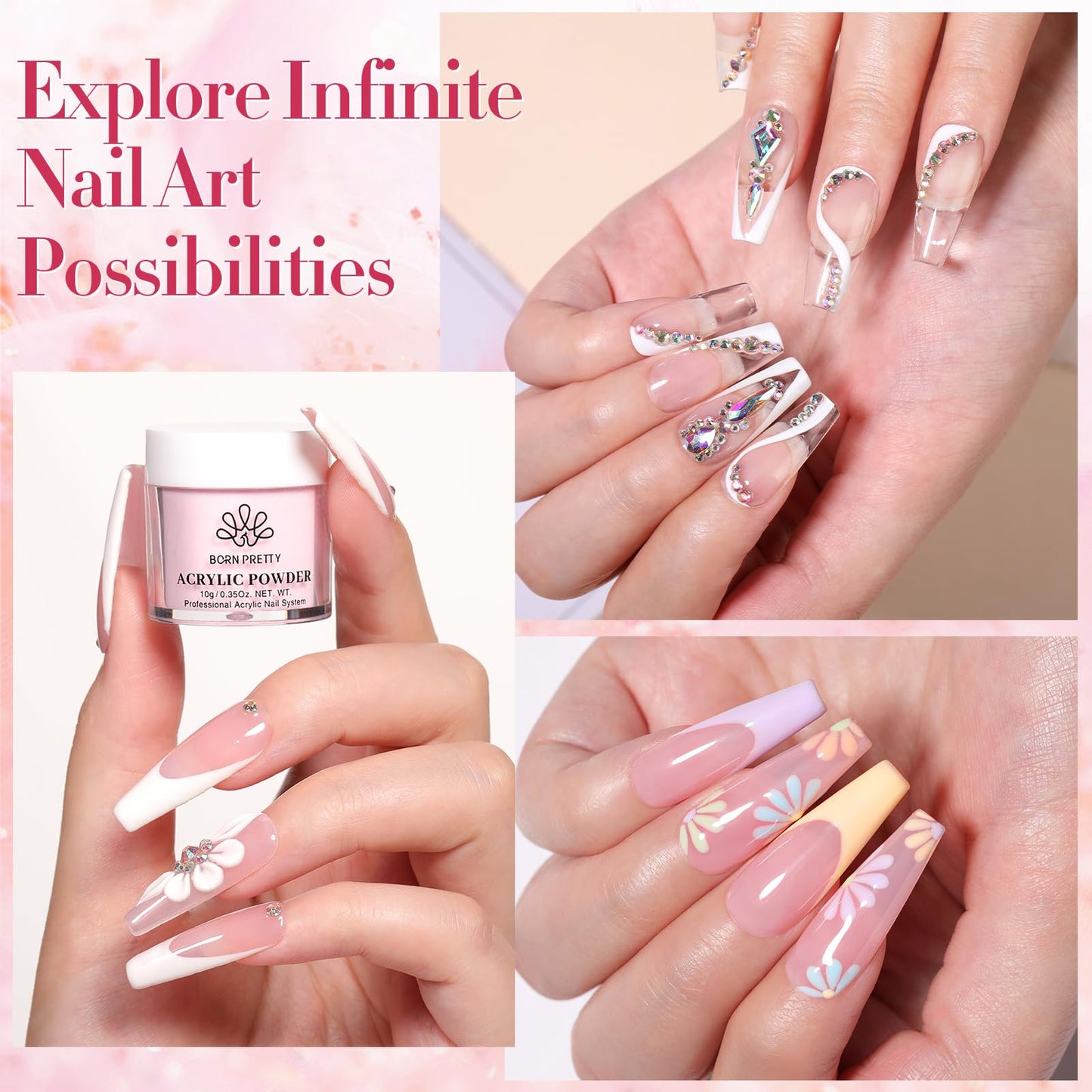 BORN PRETTY Acrylic Nail Kit - Acrylic Powder (Clear, White, Pink) & Liquid Set with Nail Forms, Brush Pen, File & Glass Container - Beginner Friendly