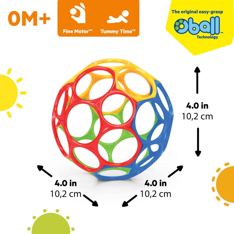 Bright Starts Oball Easy Grasp Classic Ball BPA-Free Infant Toy in Red, Yellow, Green, Blue, Age Newborn and up, 4 Inches