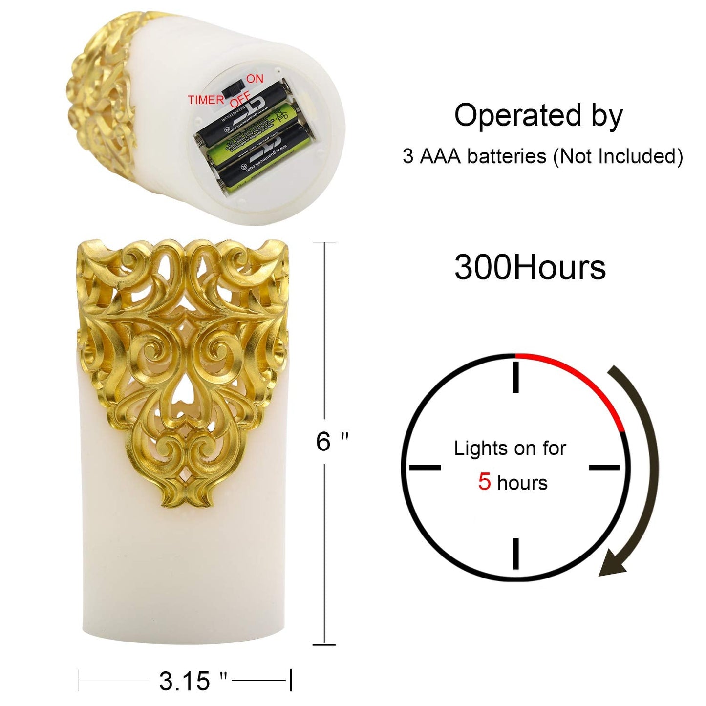 Eldnacele Flameless Christmas Gold Candles with 5H Timer, Flickering Real Wax Battery Operated Pillar Candles for Christmas Holiday Decoration Gold (D3 x H6)