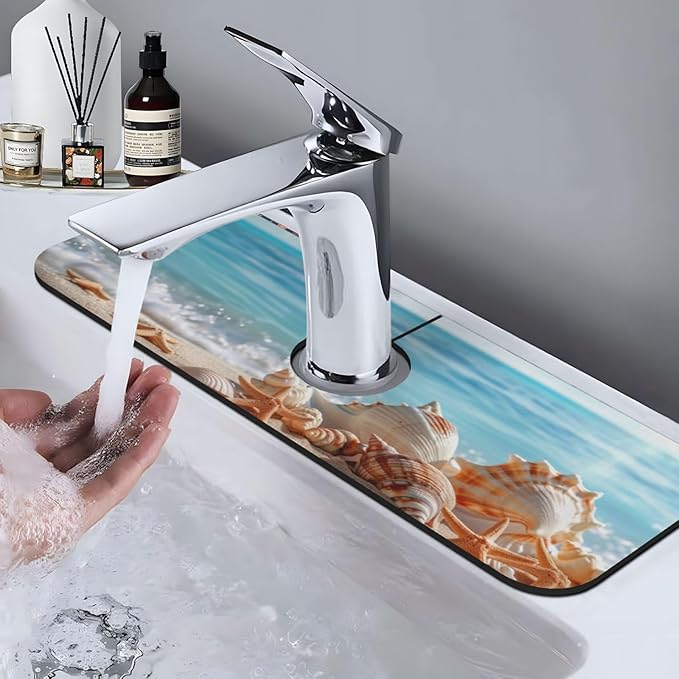 Faucet Draining Mat For Kitchen Sink, Beach Seashells Starfish Diatom Mud