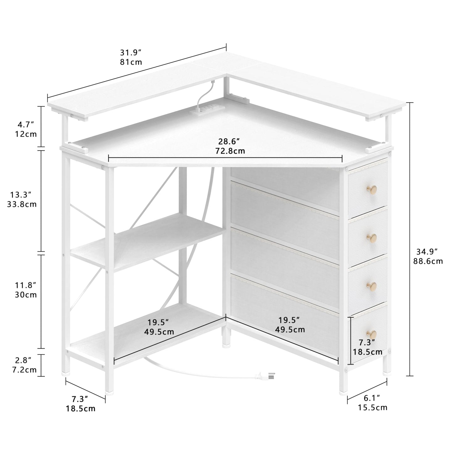 VENNQD Corner Desk with Drawers Shelves for Small Space 90 Degrees Triangle Computer Desk with Power Outlets,Gaming Desk with LED Lights Monitor Stand for Home Office Workstation Writing Table (White)