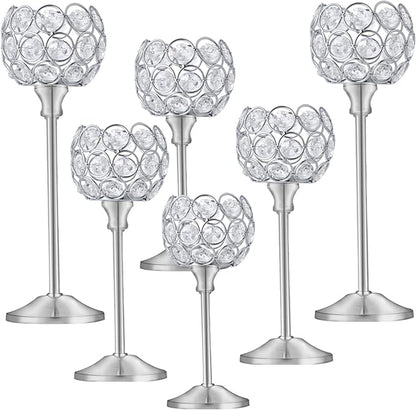 Crystal Candle Holders Set of 16 for Wedding Centerpieces Gold Or Silver Candle Holders Bulk Decorative Tealight Candle Holder for Wedding, Party,Table Centerpieces Decoration (Silver, 2 Sets(6 Pcs))