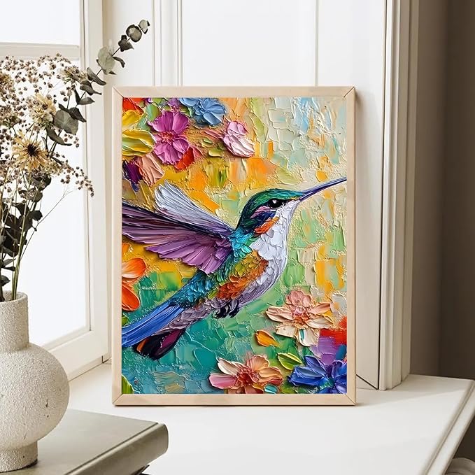 2D No Texture Colorful Painting Hummingbird Canvas Wall Art, Spring Flower Wall Decor, Cute Hummingbird Poster Picture for Wall Living Room Bathroom Bedroom Home Decoration 12*18 in (Poster No Frame)