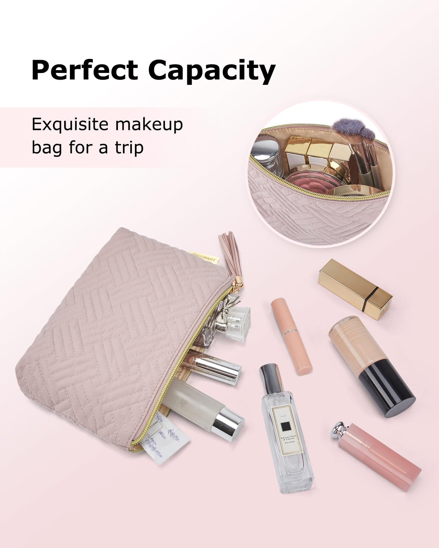 BAGSMART Small Makeup Bag, Elegant Cosmetic Pouch with Tassel, Soft Water-Resistant Travel Organizer for Women, Cosmetics & Everyday Essentials, Pink