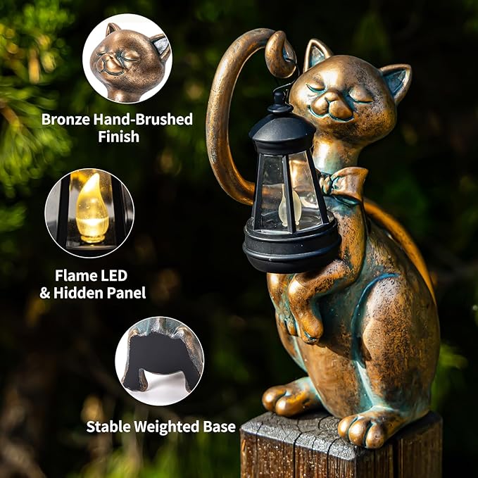 WHIMSYNOOK 10.7" Bronze Cat Solar Garden Statue Light – Cute Kitty Design, Bronze Finish, Solar-Powered LED, Outdoor Yard & Lawn Décor, for Cat Lovers, Mom, and Garden Enthusiasts