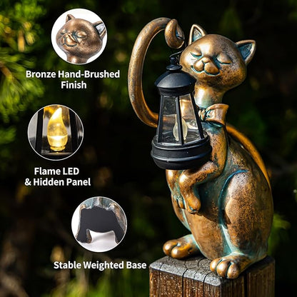WHIMSYNOOK 10.7" Bronze Cat Solar Garden Statue Light – Cute Kitty Design, Bronze Finish, Solar-Powered LED, Outdoor Yard & Lawn Décor, for Cat Lovers, Mom, and Garden Enthusiasts