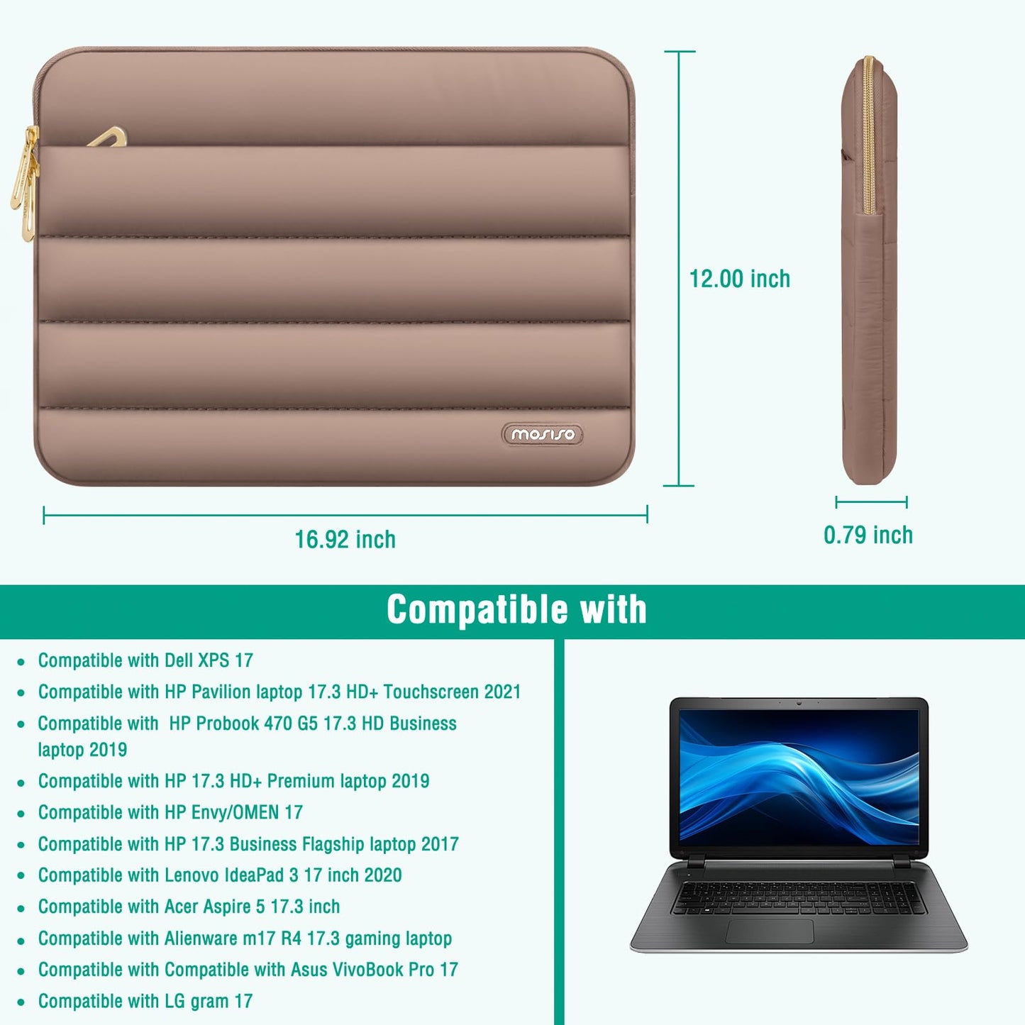 MOSISO Laptop Case 17.3 inch, 17-17.3 inch Puffy Laptop Sleeve Compatible with Dell XPS/HP Pavilion/Ideapad/Acer/Alienware/HP Omen Notebook Computer, Polyester Horizontal Bag with Small Case, Brown