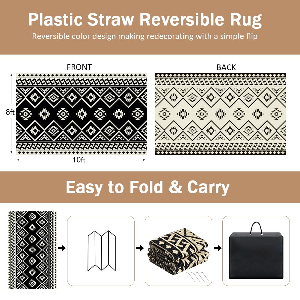 LILIOFFIC Outdoor Rugs - Outdoor Rug 8x10 Patio Rug Plastic Straw Rug Clearance Waterproof, Large Outdoor Area Rug Carpet for Outside, RV, Deck, Picnic, Beach, Camping, Black & Beige
