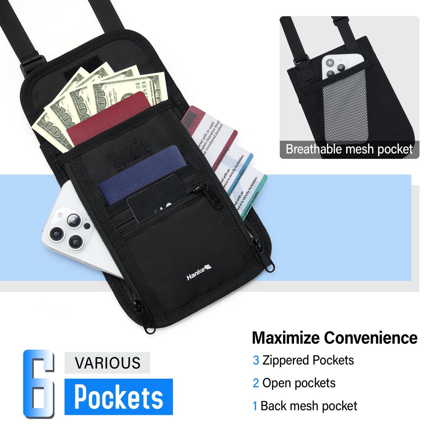 Hanke Passport Holder, Travel Wallet for Womens and Men, Neck Wallet Hidden Passport Pouch for Travel Adjustable Lightweight Thin with 6 compartments (Black)
