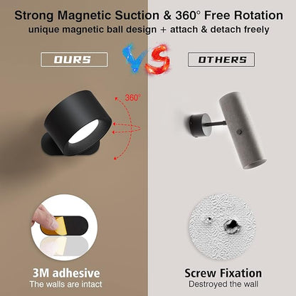 Led Wall Sconces, Wall Lamps with Battery Operated, Wall Mounted Cordless Lights with 3 Color Temperature&3 Brightness, 360° Magnetic Ball, USB Charging Port for Reading Study Bedside