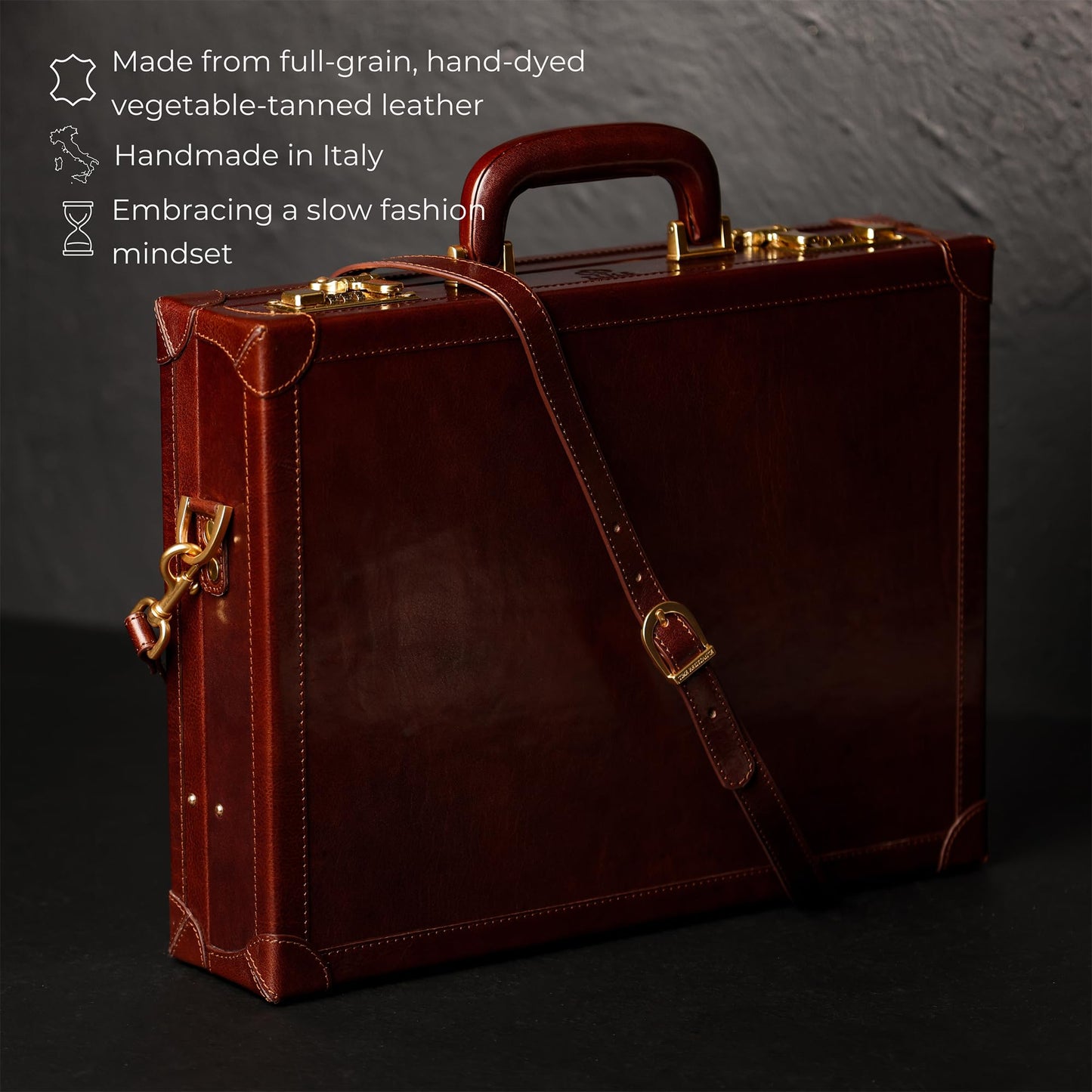 Time Resistance Leather Attache Case - Full Grain Italian Leather Briefcase - Laptop Bag up to 15” - Hard Case with Lock (Brown)