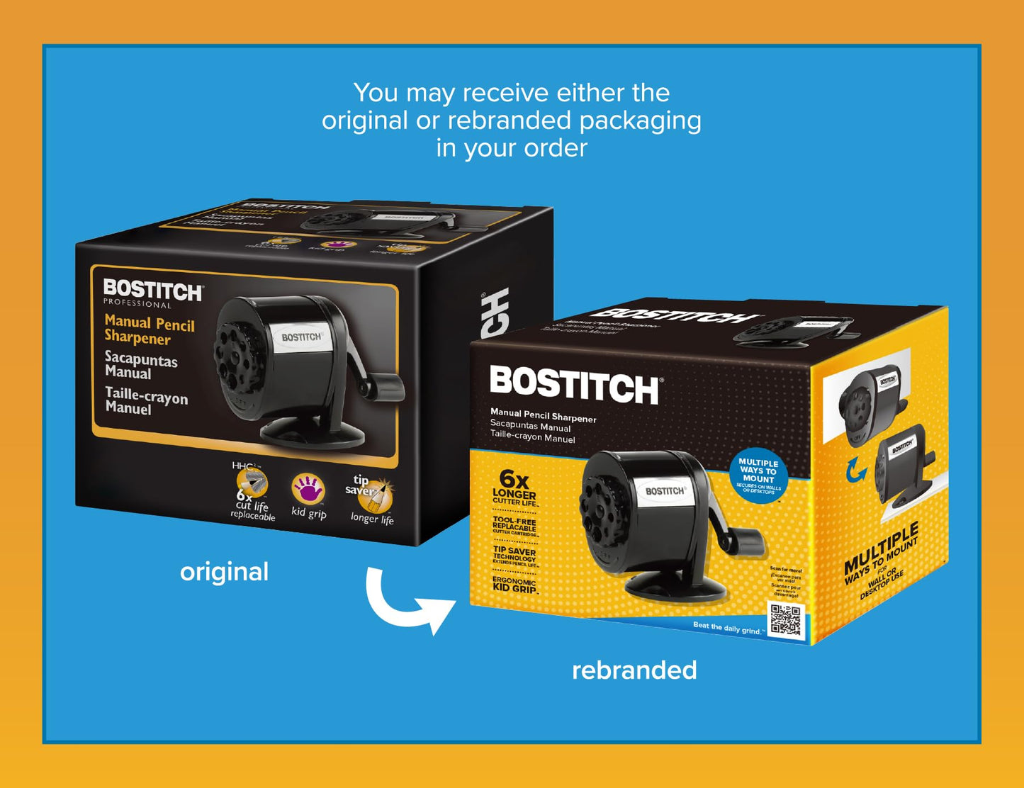 Bostitch Office Wall Mount Manual Pencil Sharpener, 8 Hole Dial, 6X Longer Cutter Life, Vertical or Horizontal Mounting, Black