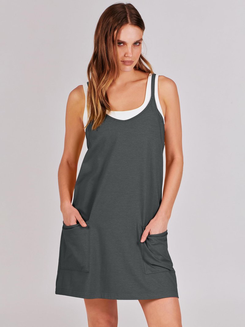 ANRABESS Women Athletic Dress Summer Tennis Workout Active Sports Mini Romper Dress Built in Shorts Travel Vacation Clothes Deep Gray X-Large