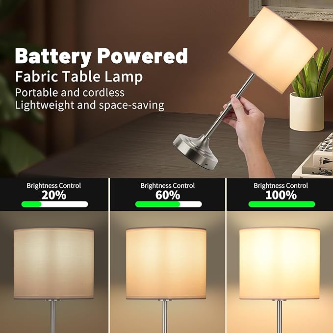Rechargeable Cordless LED Table Lamp Fabric Shade Desk Lamp, 3-Level Dimmable Touch Control, 5200mAh, Patio Table Lamp, Bedside Night Lamp, Ambient Light for Restaurant.(Silver)