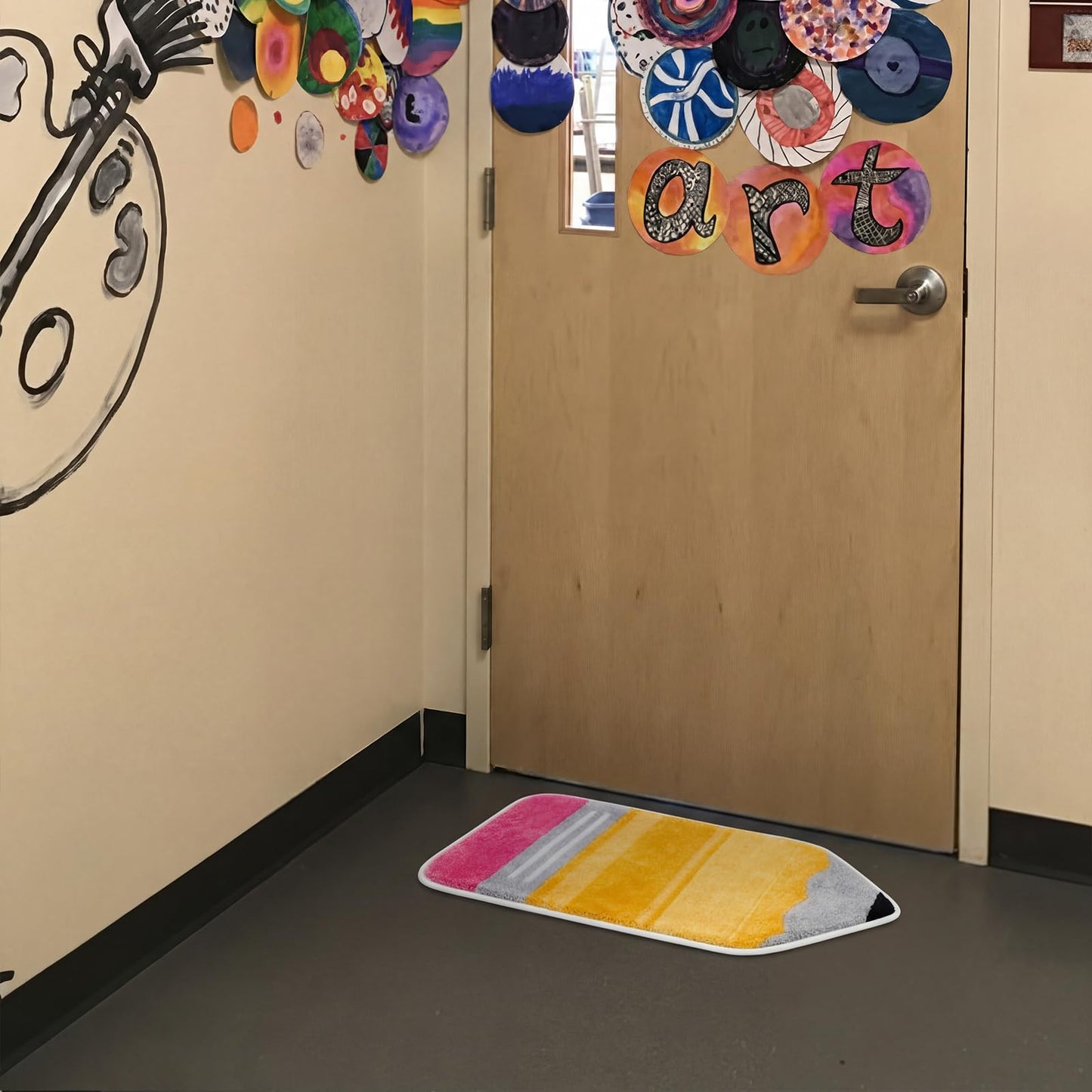 Breling Pencil Classroom Rug Pastel Pencil Shaped Class Doormat Teachers Back to School 14'' x 30'' Fun Soft Faux Non Slip Floormat for Welcome Elementary Kindergarten Room Indoor Outdoor Decor