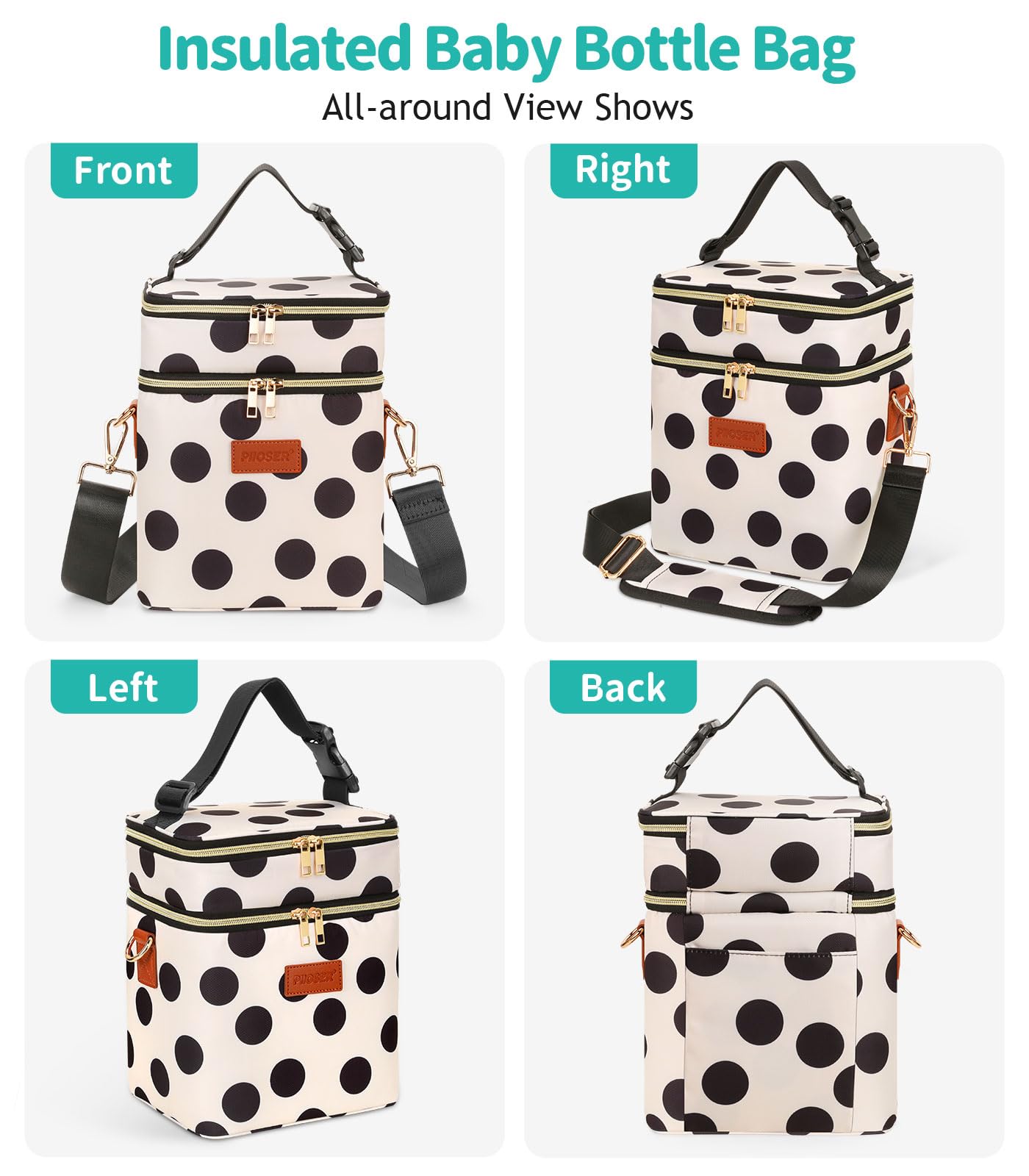 PIIOSER Breastmilk Cooler Bag with Ice Pack, Fits 6 Baby Bottles Up to 9 Oz, Stylish Baby Cooler Travel Bags with Shoulder Strap, Double Layer & Leakproof for Nursing & Working Moms, Black Polka Dots