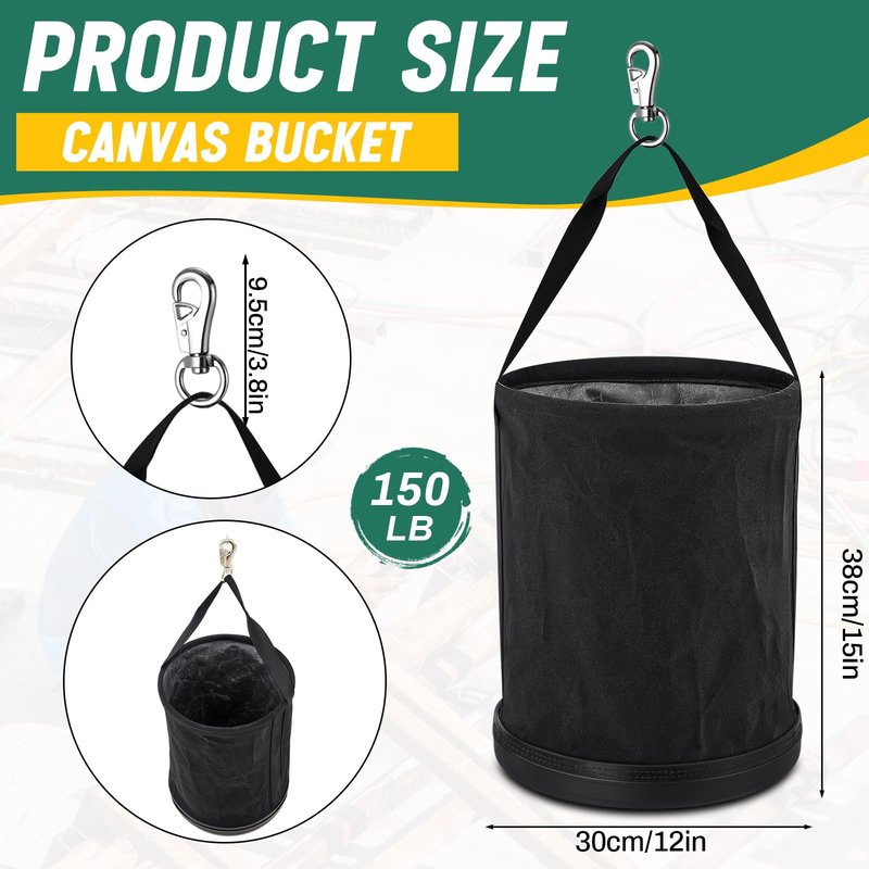 SilTriangle 4 Pack Canvas Bucket 15" x 12" Heavy Duty Lineman Tool Bag with Plastic Bottom & Metal Hook Electrician Tool Organizer for Jobsite Use, Load Rated up to 150 Pounds (Black)