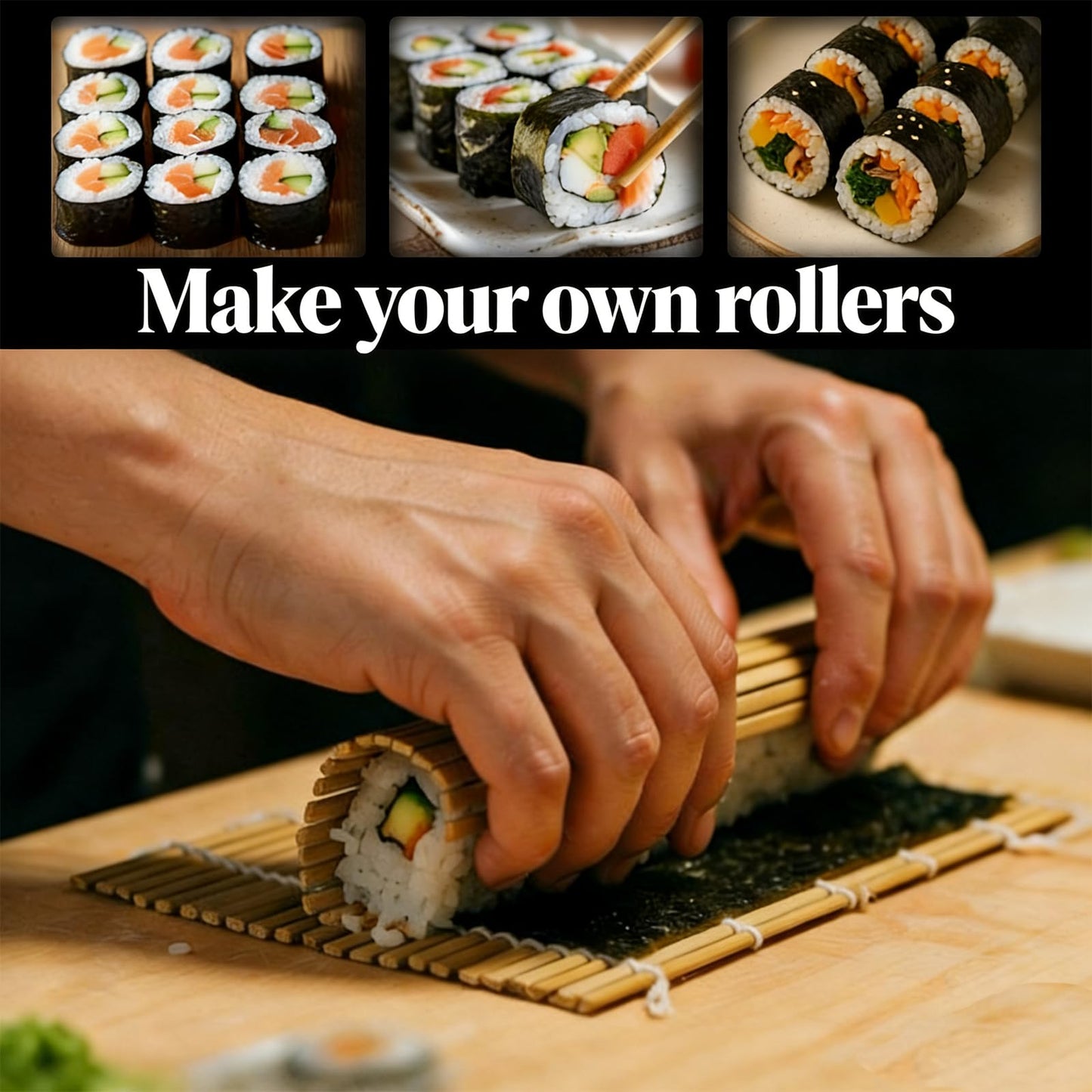 MIUQILAIY 9.5"x9.5"Bamboo Sushi Rolling Mat,kimbap roller(2 PCS)