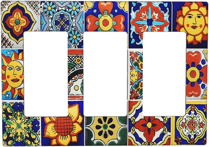 Traditional Colorful Talavera Mexican Spanish Moroccan Tiles Triple Rocker/Decora Wall Plate 3 Gang Light Switch Outlet Cover Plate Decorative Switchplate Electrical GFCI Faceplate for Bathroom Decor