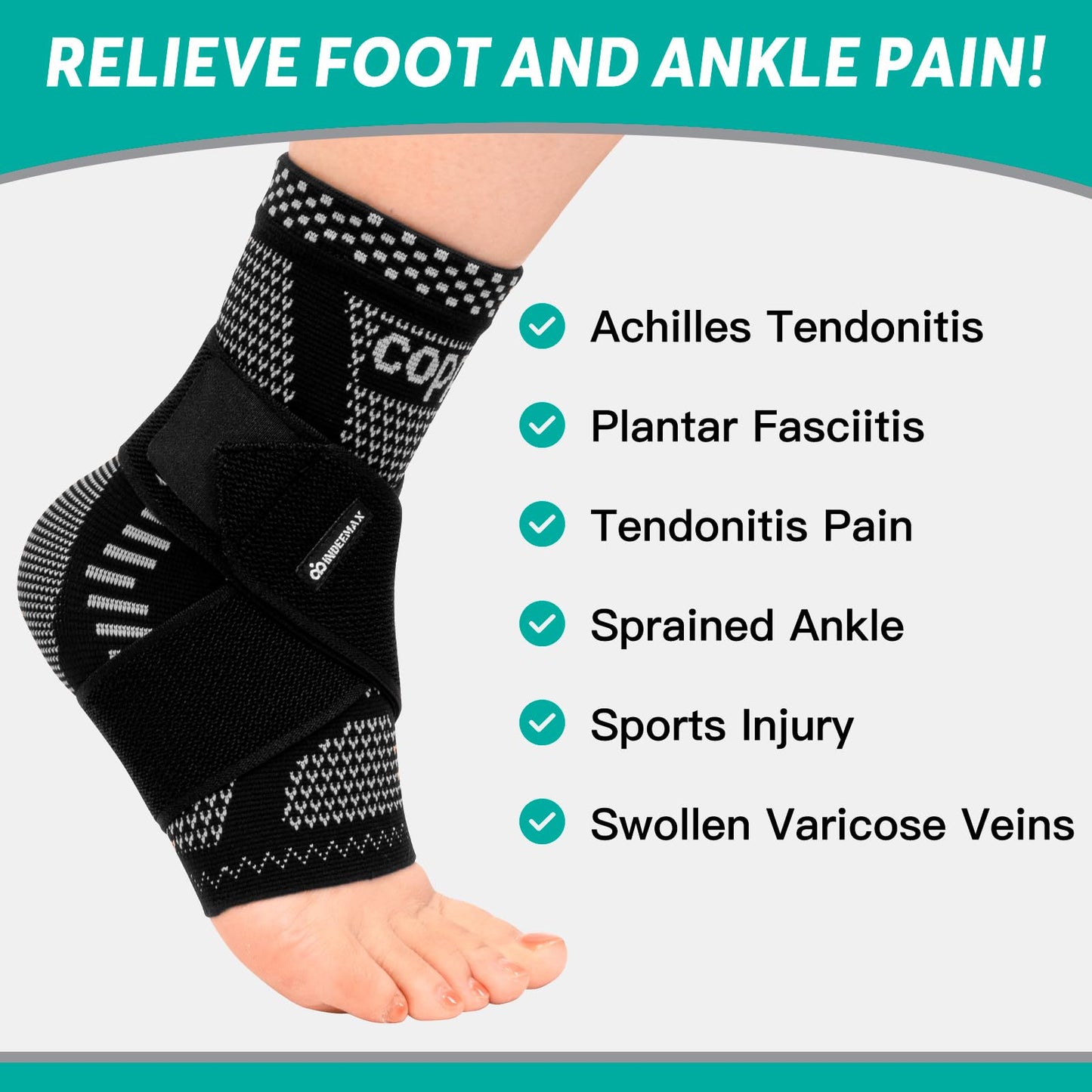 INDEEMAX Ankle Brace for Women & Men, Ankle Compression Sleeve Support Copper Infused Ankle Brace for Sprained Ankle, Plantar Fasciitis Sports, Achilles Tendonitis Pain Relief, Silver Black, M