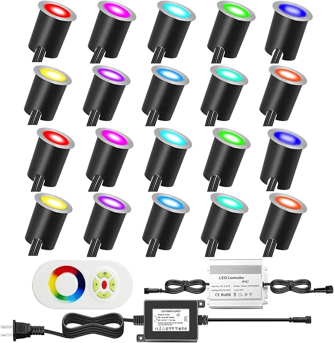 LED Recessed Deck Light Kits with Protecting Shell, LED Outdoor Landscape Lighting IP67 Waterproof, DC 12V Low Voltage for Garden,Yard Steps,Stair,Patio,Floor,Kitchen Decoration (20pcs, RGB)