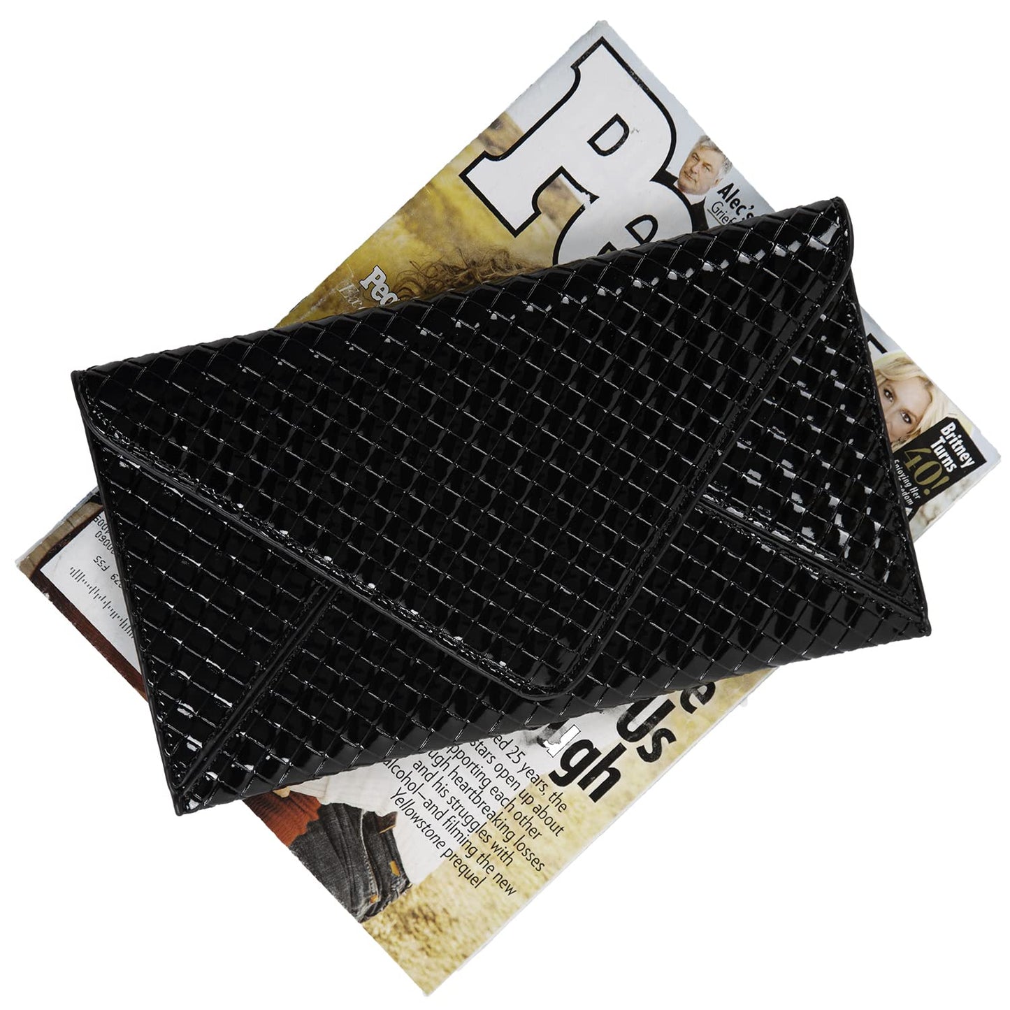 JNB Glossy Envelope Clutch Purse for Women, Faux Patent Leather Evening Bag with Detachable Chain Strap, Magnetic Snap Closure, Zipper Pocket, Black with Gold Hardware