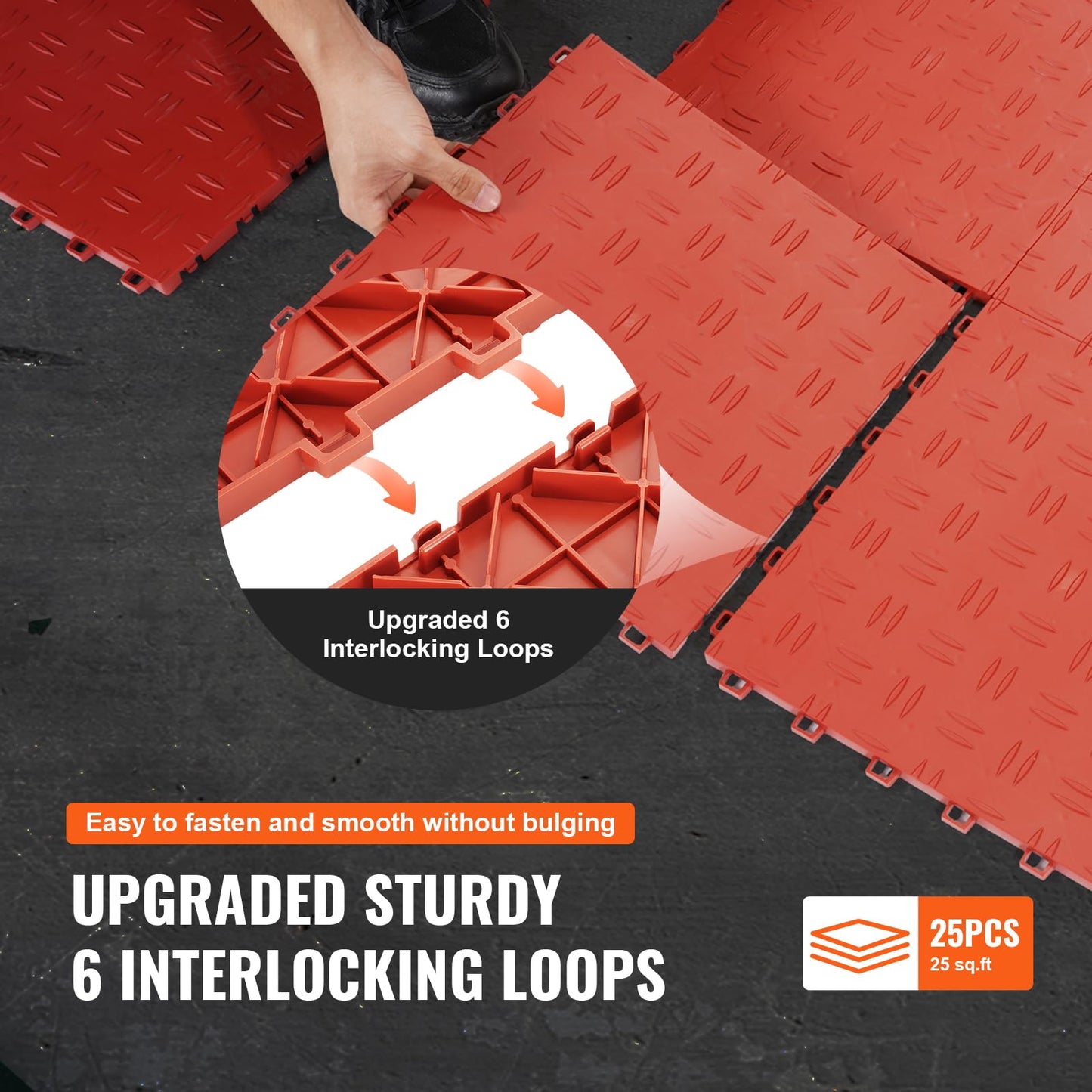 VEVOR Garage Floor Tiles 12 x 12 x 0.53 inch, Interlocking Design Ease of Installation Double-Sided Texture Non-Slip Sturdiness, for Garages, Basements, Repair Shops, Red, 25 Pack