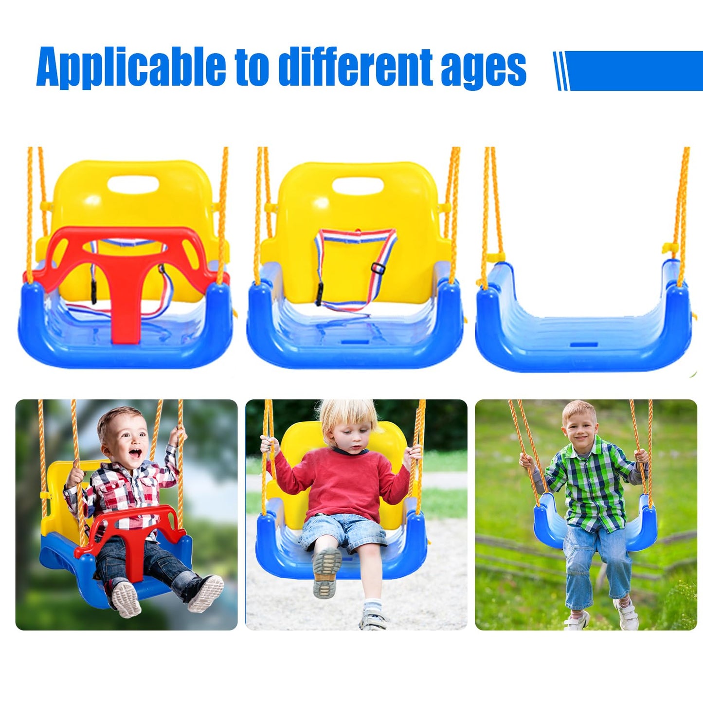 IFOYO 3-in-1 Convertible Kids Swing Seat with Detachable High-Back Support, Secure Indoor Outdoor Playground Swing for Kids
