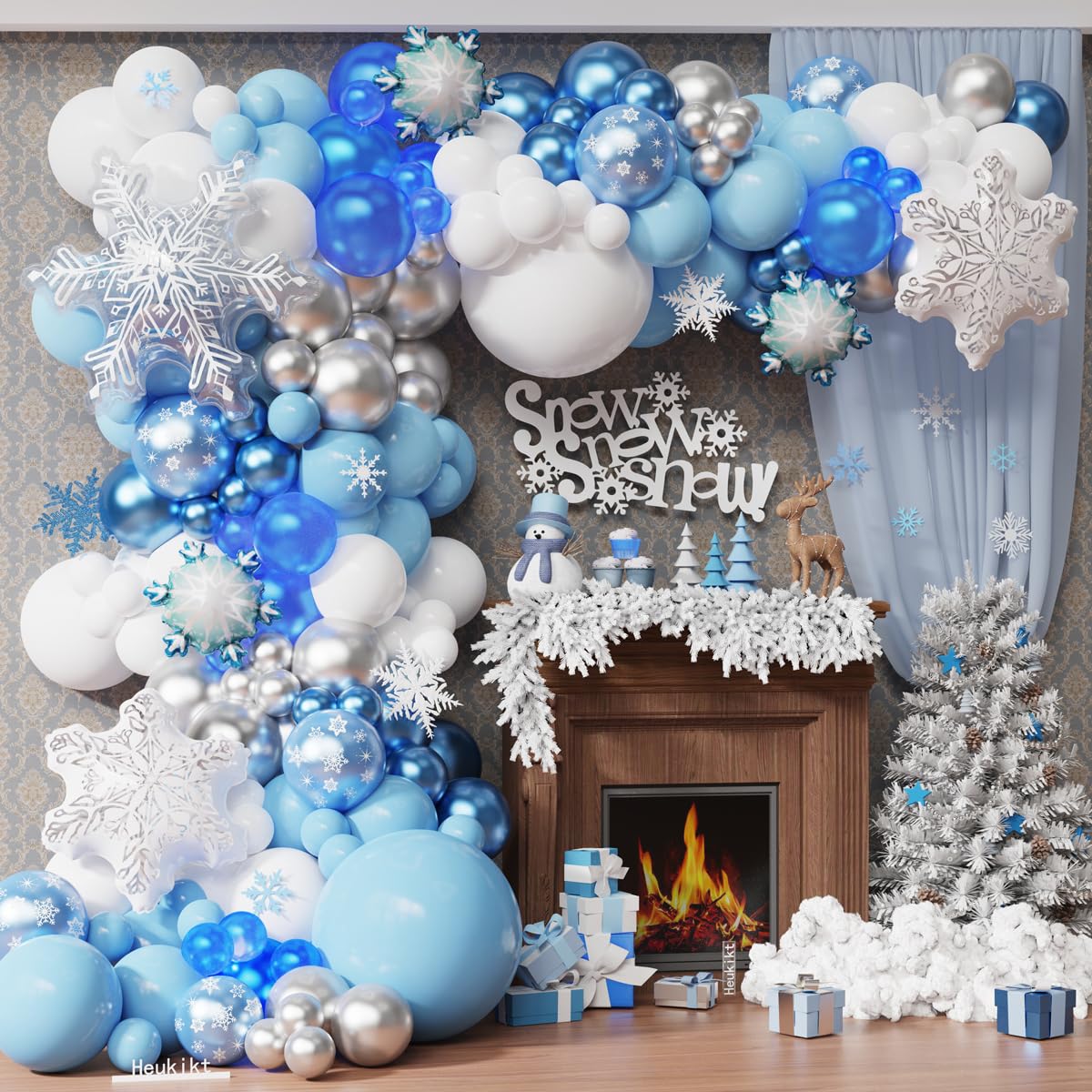 140Pcs Ice Snow Balloons Garland Arch Kit, Blue Silver White Latex Balloon with Transparent Snowflake Foil Balloon for Winter Wonderland Christmas Snowflake Holiday Birthday Party Decor