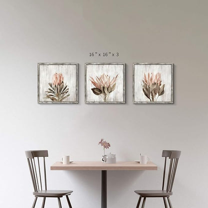 Pink Floral Wall Art Picture: Blossom Protea Flower Artwork Print on Rustic Wood Framed for Home Decor (16” x 16” x 3 Panels)