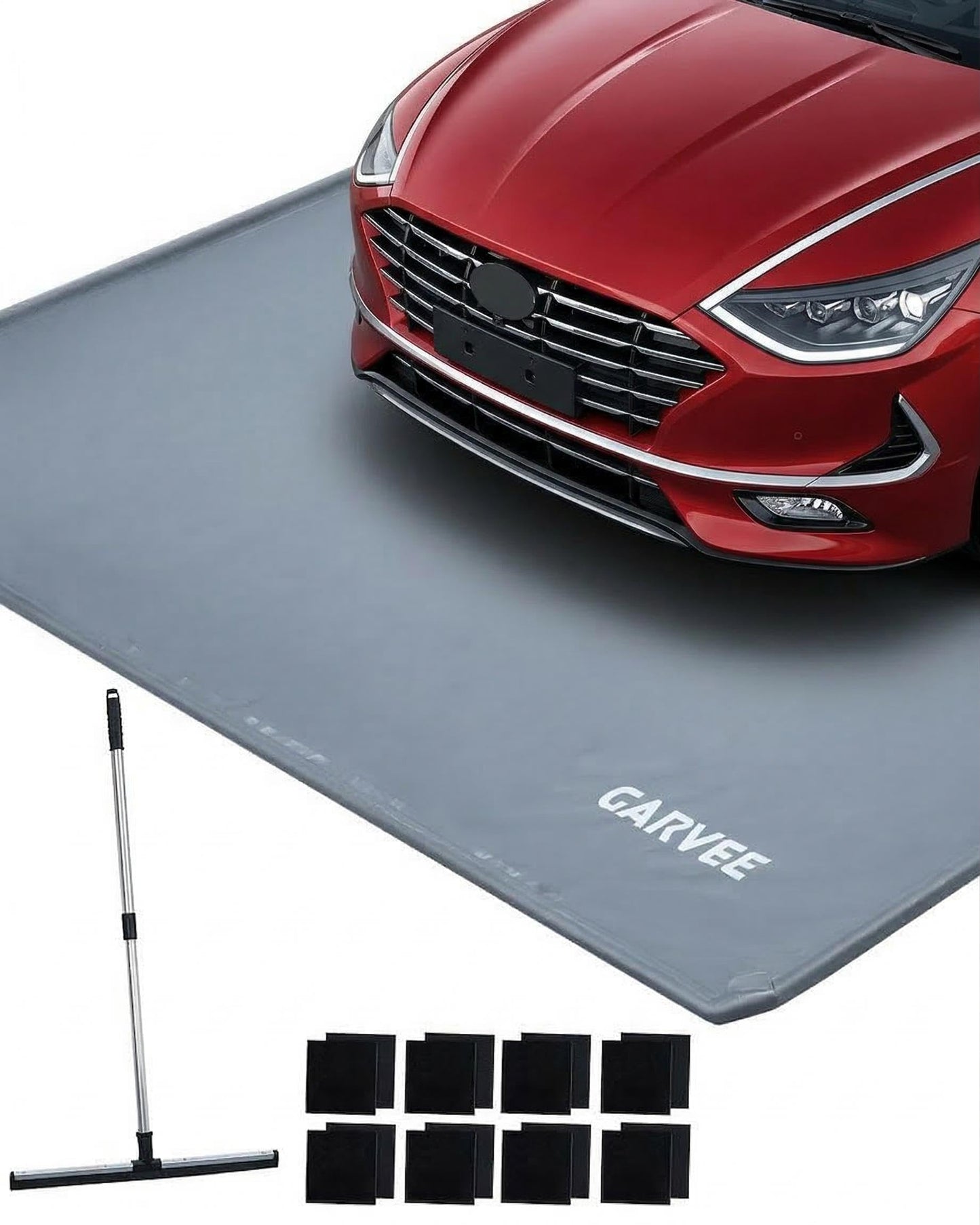 Garage Mat with Raised Edge, 1000D PVC Non-Slip Floor Protector for Cars Trucks SUVs, Snow Melt Containment Tray for Winter, Comes with Squeegee & 8 Attachment Straps, 4 Size Options (7.9x16 to 8.6x22