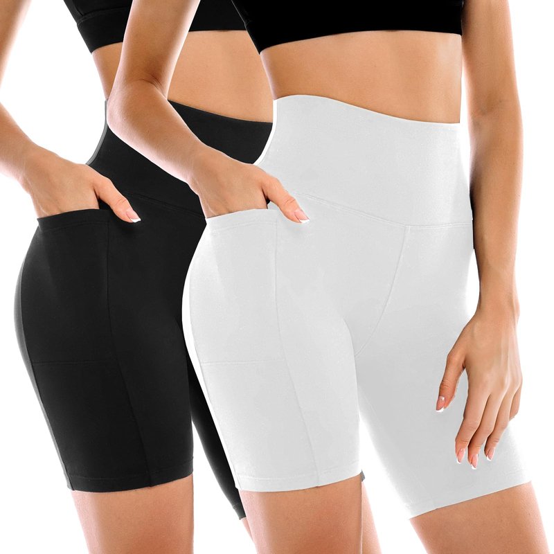 Leafigure 2 Pack Womens Biker Shorts with Pockets, High Waisted Tummy Control Yoga Shorts for Women Running Gym and Workout Black/White L-XL