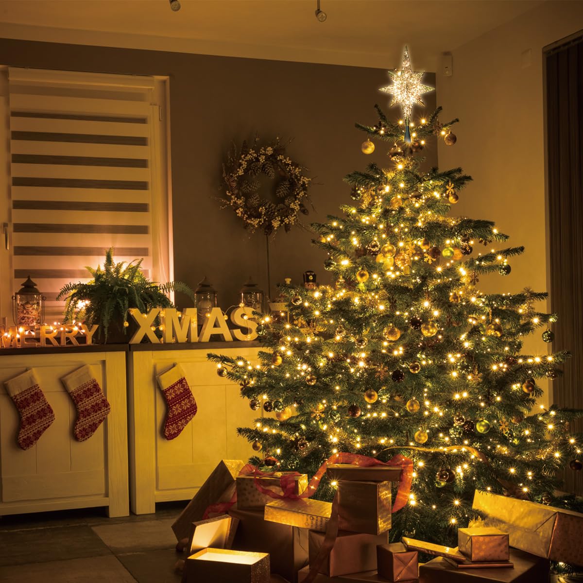 LAMPHOME 10-Light Christmas Tree Topper,Bethlehem Star Tree Topper, Gold Bethlehem Star Treetop, Golden