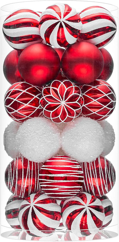 JORNOY Christmas Balls Ornaments, 30ct Shatterproof Xmas Tree Decorations, Hanging Bulbs Baubles Set with String for Holiday Home Party Decor, 2.36 inch/60mm, Red&White