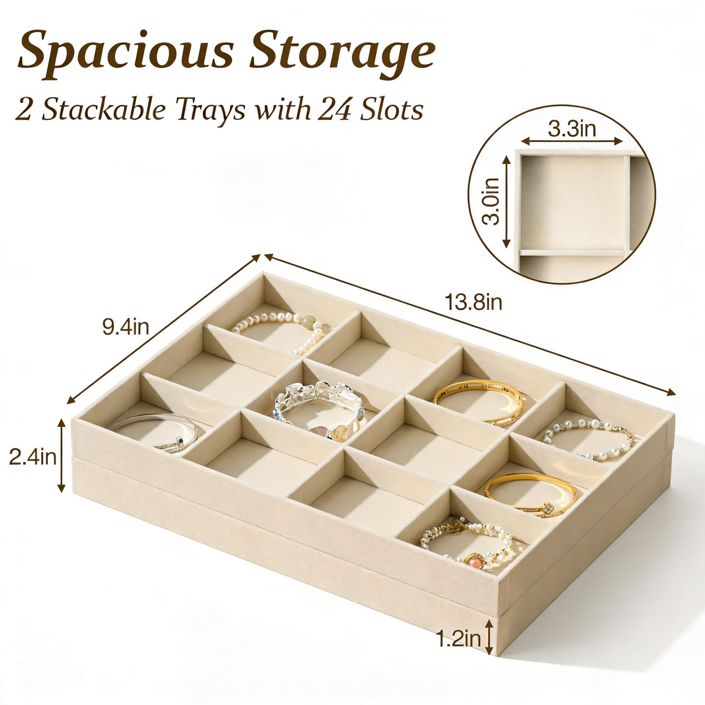 pickpiff Drawer Jewelry Organizer & Display Trays: 2pcs 12grid Velvet Stackable Jewelry Case (13.8x9.4x1.2inch) - Soft Beige Necklace Holder Bracelet Display Watch Box