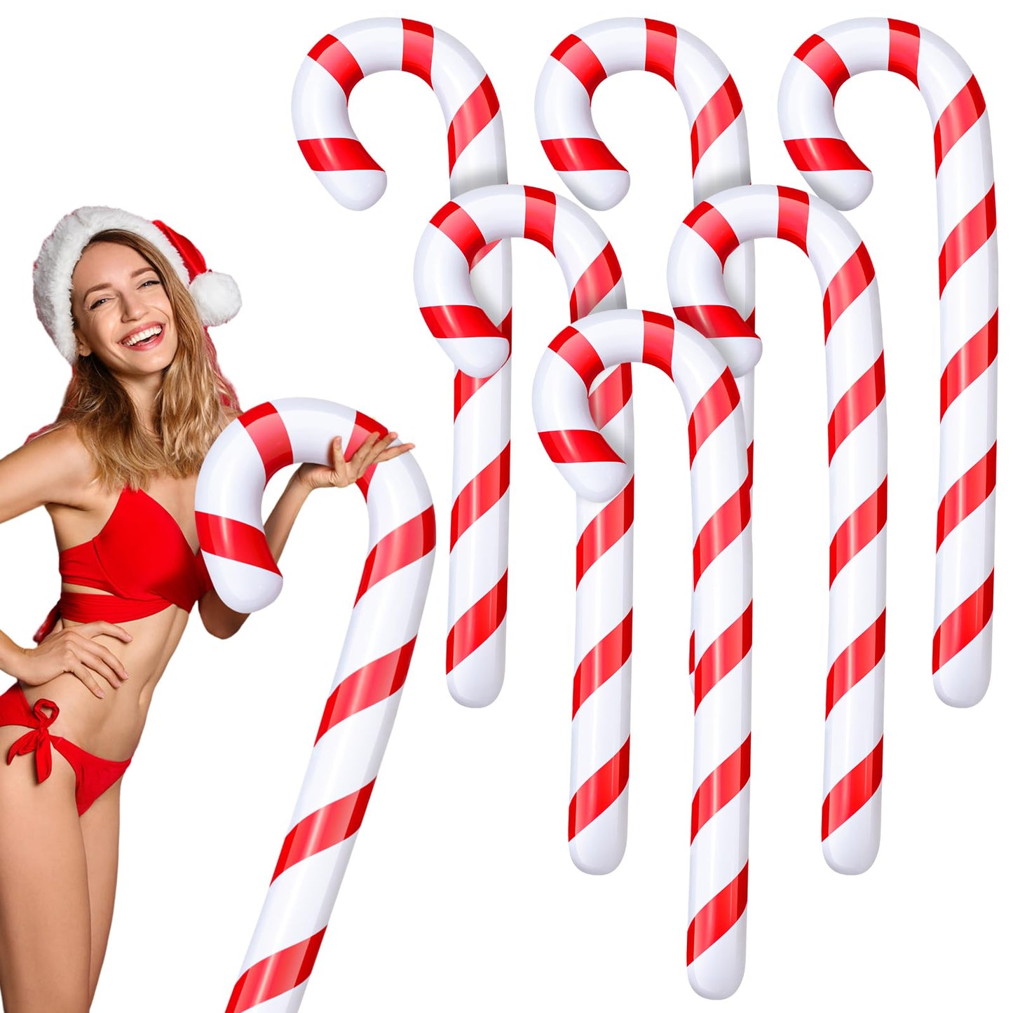 Leyndo 6 Pcs 5.5 ft Christmas in July Candy Cane Summer Christmas Candy Cane Inflatable Pool Noodles Jumbo Floats Swim Floating Noodles for Indoor Outdoor Swimming Pool (Red and White)