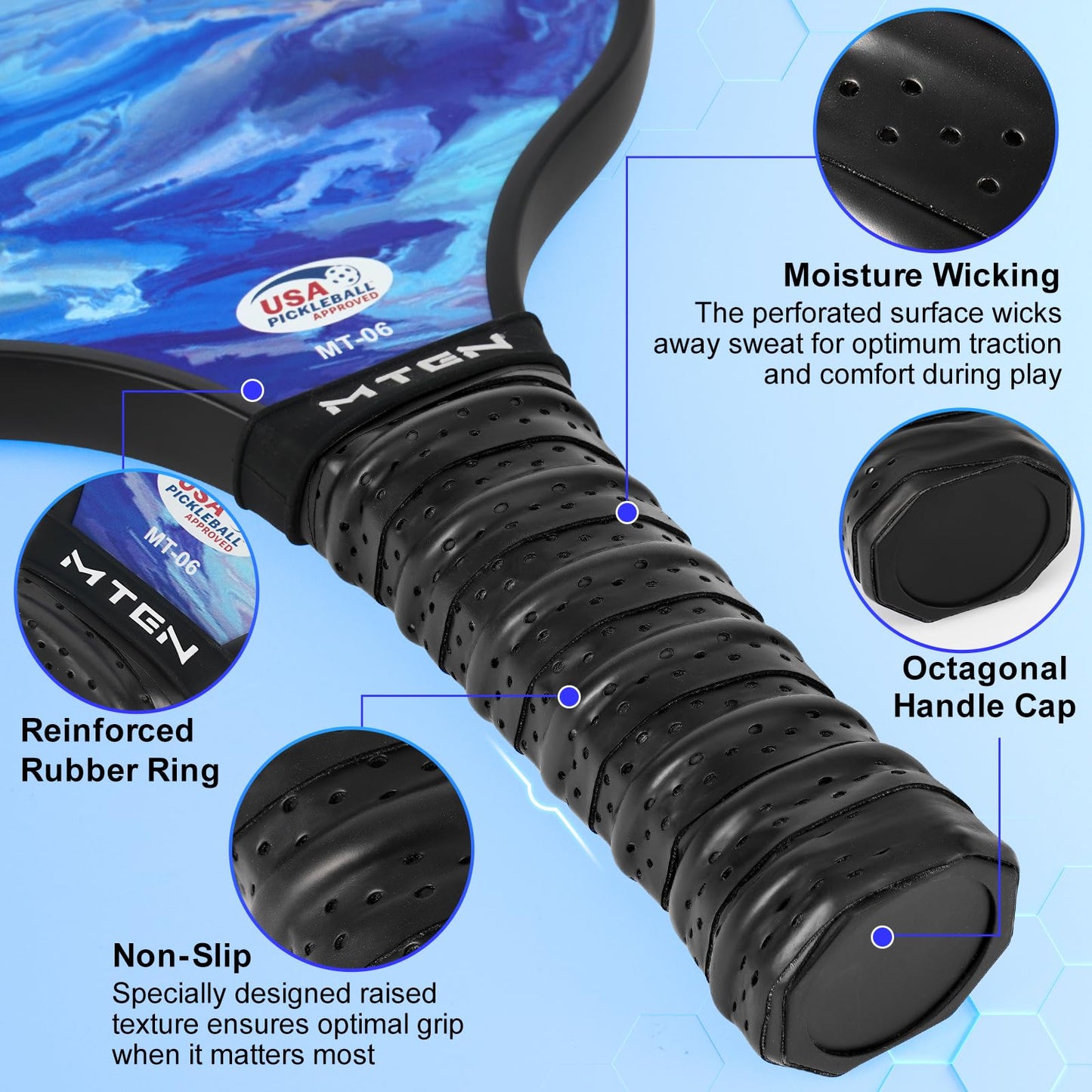 MTEN Pickleball Paddles, Pickleball Paddles Set of 2, USAPA Approved, 2 Paddles with 4 Outdoor Balls, 2 Grip Tapes, 1 Portable Carry Bag, Pickle Ball Set for Beginner