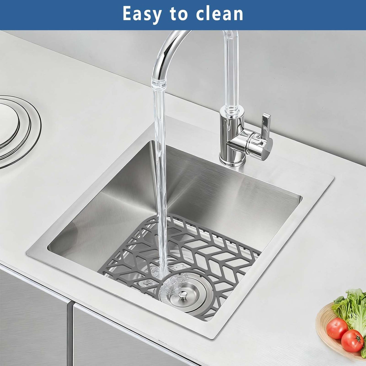 AWOKE Silicone Sink Protectors for Kitchen Sink, 12" x 11" Mat for bottom of sink, Center Drain Hole, Protect from Stains, Scratches, Dishwasher Safe Grid for Kitchen (2 Pack, Gray)
