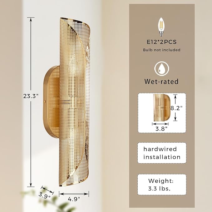 21.6 Inch Curved Perforated Double Wall Sconce, Hand-Made Aged Brass Metal Wall Mounted Light Over Mirror, Luxury Wall Light for Bedroom, Elegant Light Fixture for Indoor