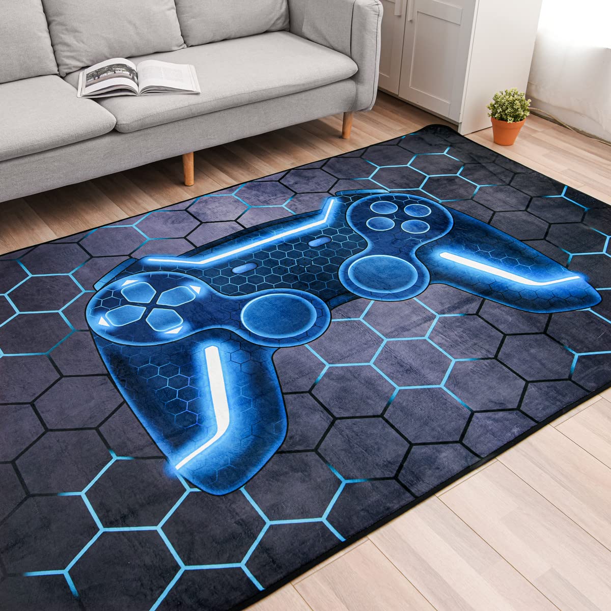 NTBED Game Console Area Rug for Bedroom Sofa Playroom Gaming Geometric Bedside Rugs Gamer Decorative Floor Mat Carpet (4x6 Feet, Blue)