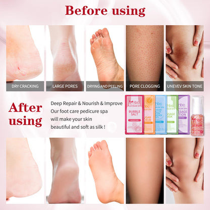 Pedicure Kit Foot Soak Set: Bubble Salt, Sugar Scrub, Massage Mask, Massage Lotion in a Box, 4 Step Foot Spa Kit for Dry Feet,Tired Feet（3 Set Tropical Fruit)