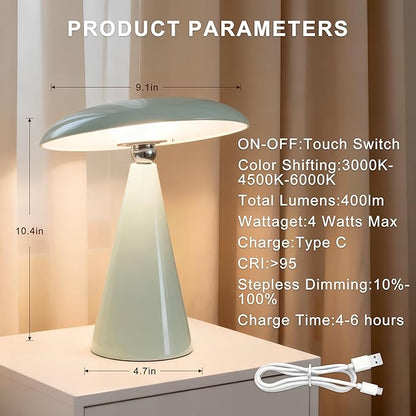 Mushroom Lamp Mid Century Modern Table Lamp, LED Cordless Rechargeable Bedside Light, Dimmable Touch 3-Color Temp, Retro Small Lamp for Bedroom, Living Room，Aesthetic Decor (Green)