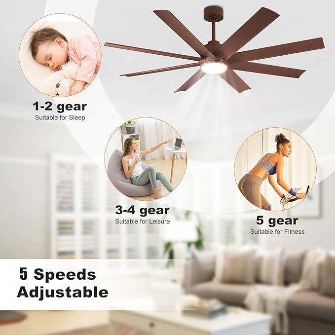 Depuley 60-Inch Ceiling Fan with Light: 8-Blade Large Ceiling Fans with Remote Control - Ultra Quiet DC Motor Reversible Timer Brown