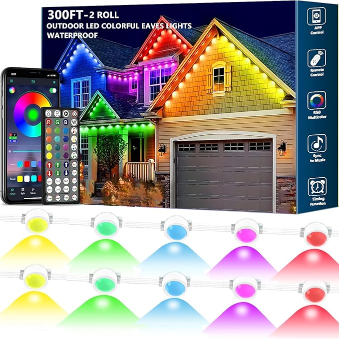 300FT Permanent Outdoor RGB Lights,IP67 Waterproof Smart LED Eaves Lights with App/Remote Control,for Christmas and All Holiday Decor,Daily and Accent Lighting,House Roof and Garden Lighting