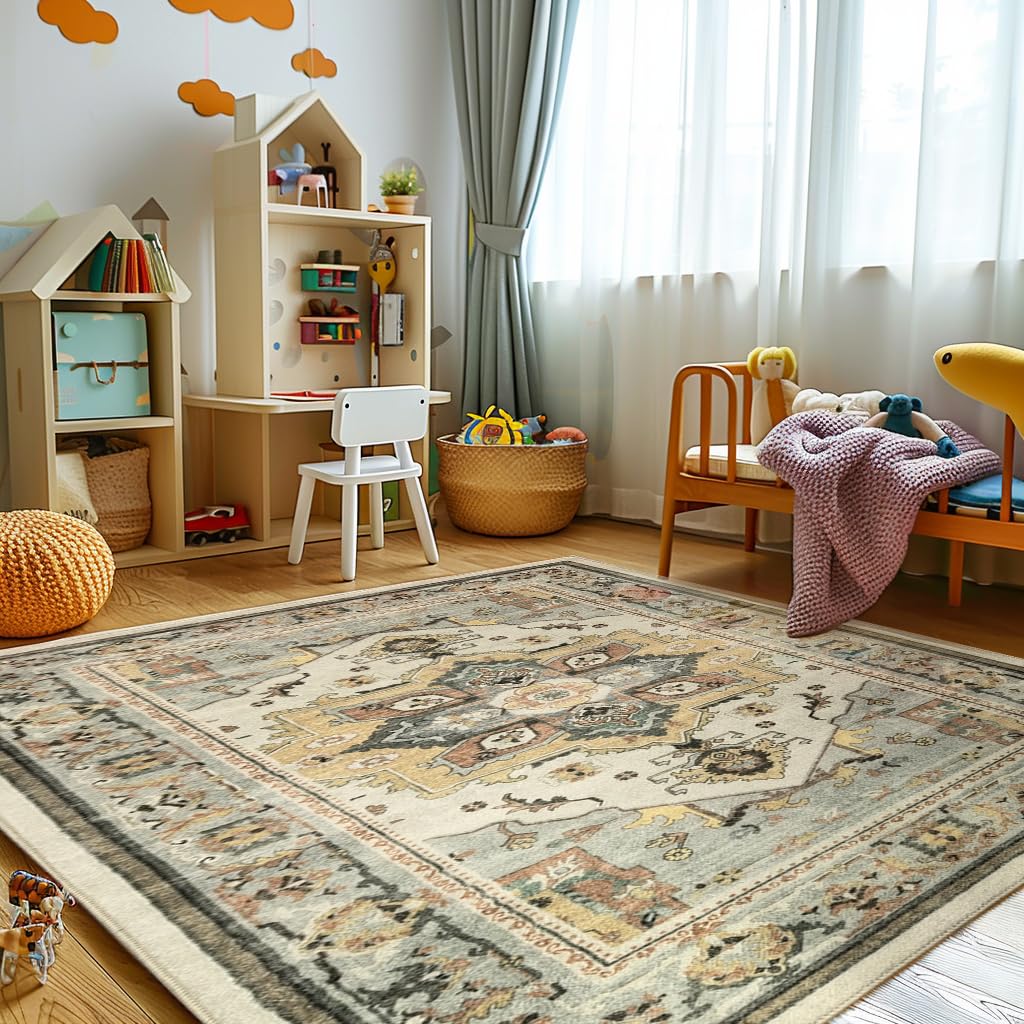 Muddy Mat® Floral Multicolor 6x9 Boho Area Rug – Washable Area Rugs for Living Room, Bedroom & Dining Room – Modern Soft Low Pile Non Slip Carpet – Pet Friendly Waterproof Foldable Rugs for Home
