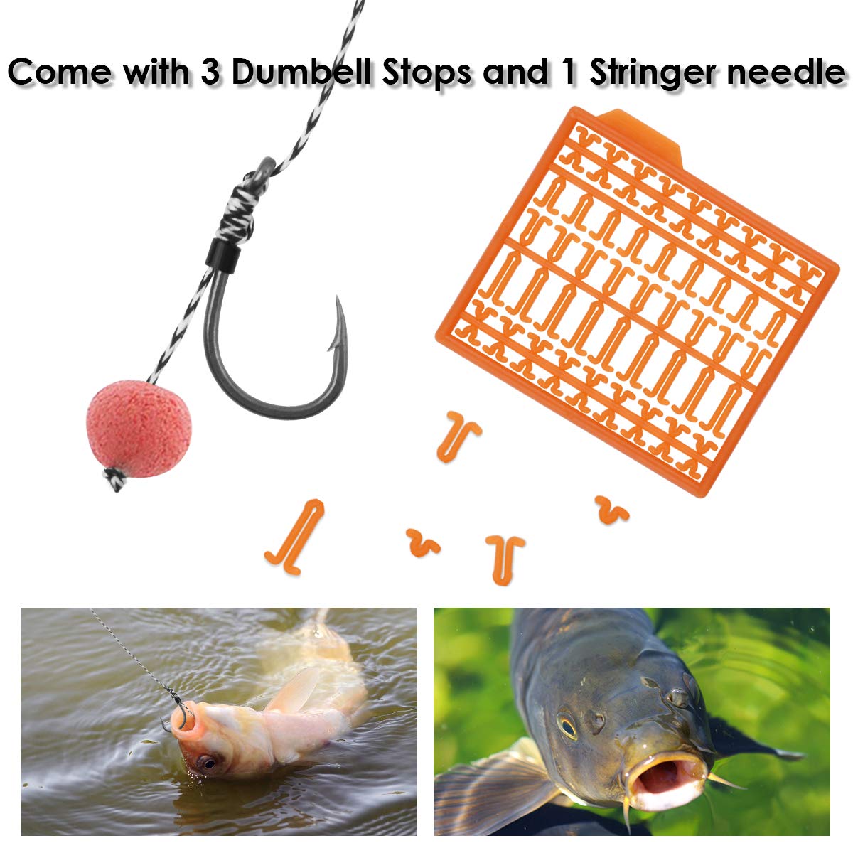 Luroad Carp Fishing Hair Rigs, 20 Pcs Curved Barbed Carp Hook Anti-Tangle Swivel Braided Thread line with 3 Card Boilie Bait Stops Dumbell Stoppers and Stringer Needle, Size 2 4 6 8