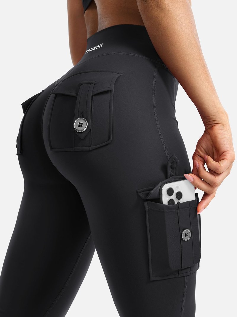 YEOREO CoreFlex Women Workout Flare Leggings with Pockets Hidden Scrunch High Waisted Cargo Gym Yoga No Front Seam Leggings Black M